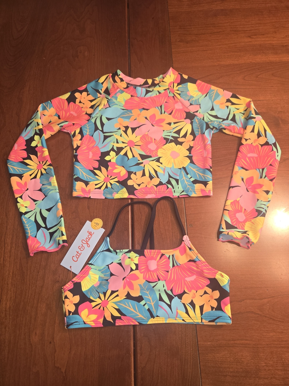 Cat & Jack Neon Floral Rash Guard And Bikini Top